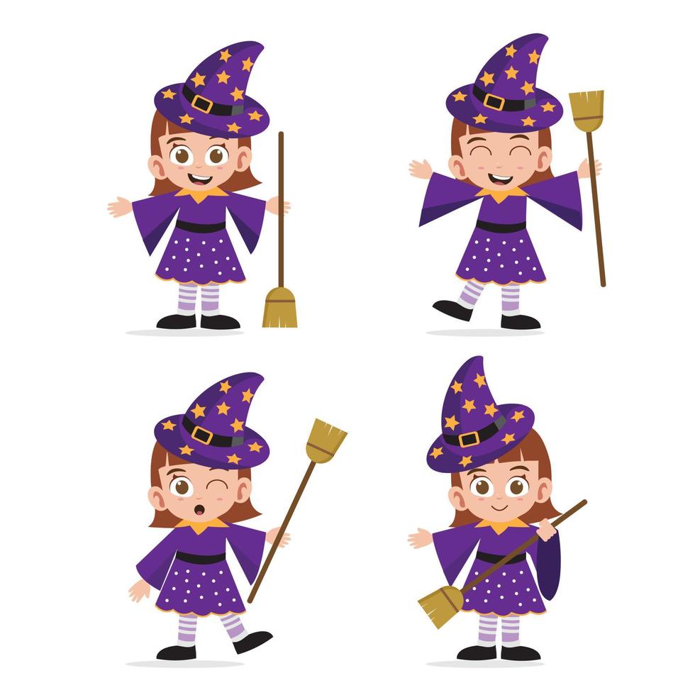 Cute little kid witch character vector set