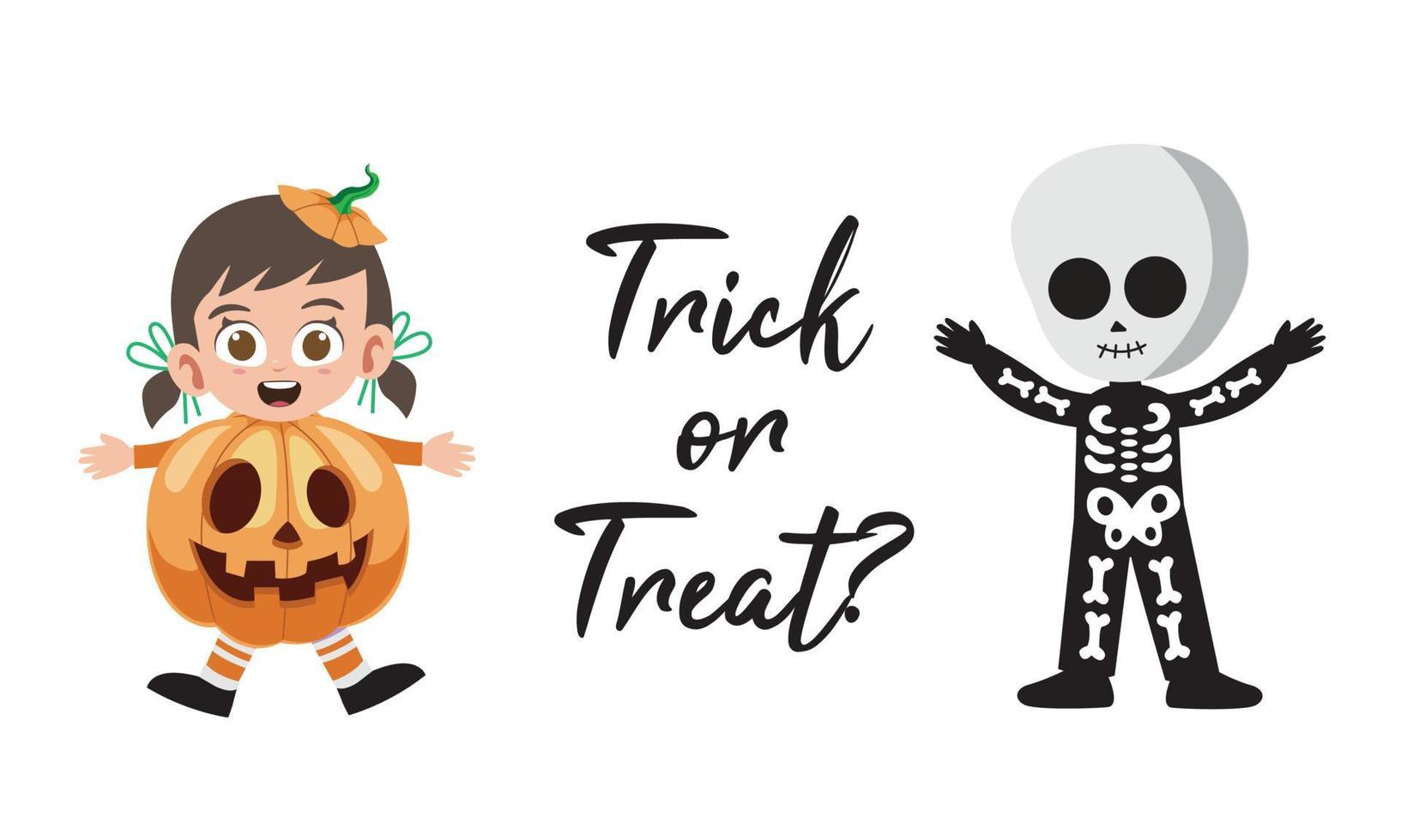 Trick or treat lettering with cute kids in skeleton and angel costumes vector illustration