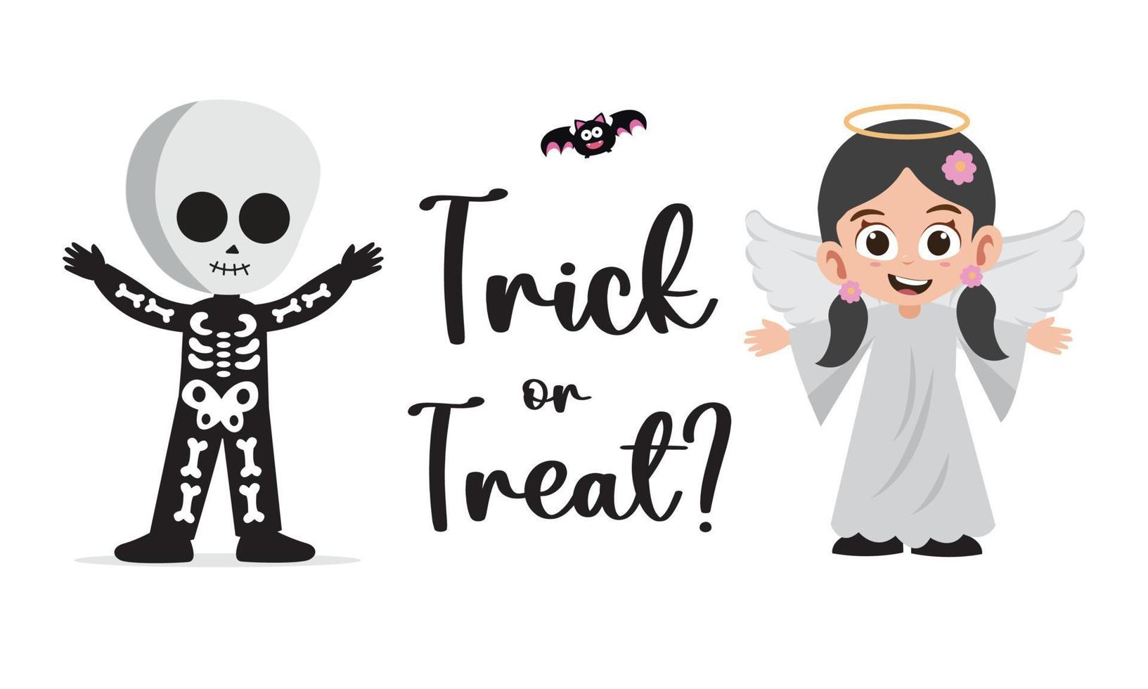 Trick or treat lettering with cute kids in skeleton and angel costumes vector illustration