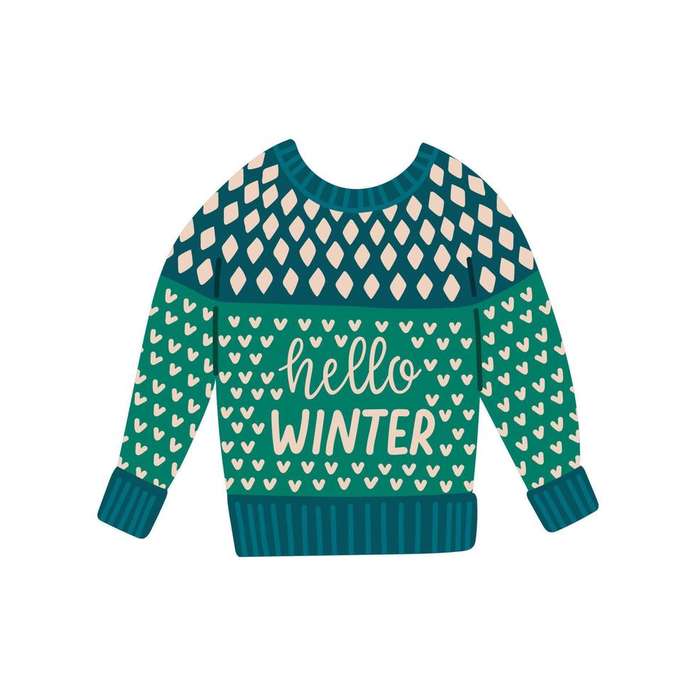 Christmas knitted sweater with winter quote for cards and stickers isolated vector illustration