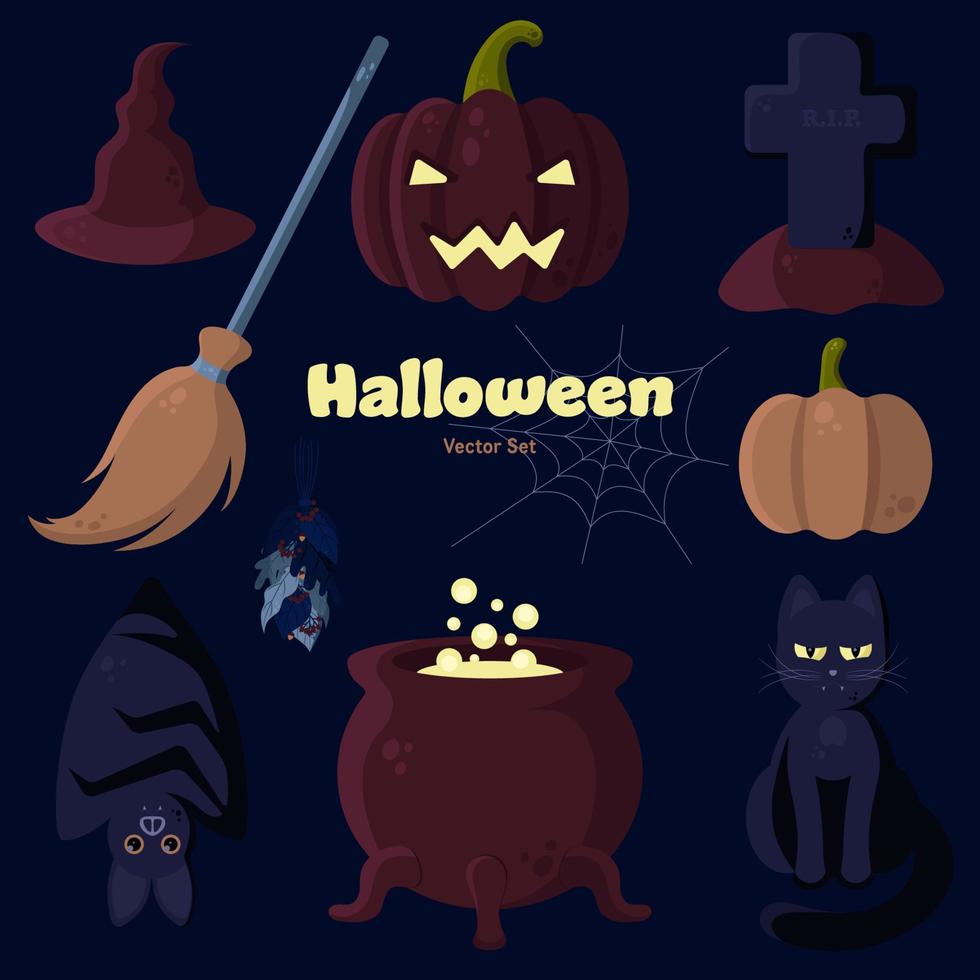 vector de halloween con jack o'lantern, caldero, escoba, sombrero de bruja, tumba, murciélago, gato negro, telaraña, ramo de hierbas. perfecto para diseño de pancartas, tarjetas, medios sociales, materiales impresos, etc.