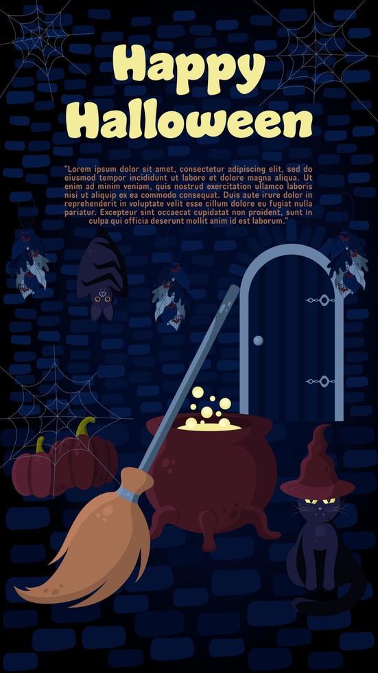 Halloween Banner With Witch's Hut Interior With Cauldron, Broom, Cat, Pumpkins, Bat, Herbs and Spider Web. Perfect for Web Sites, Printed Materials, Social Media, etc. vector