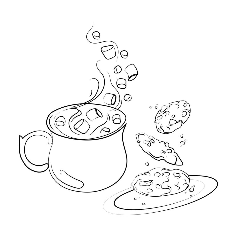 Hot chocolate or Cocoa drink with marshmallows and Chocolate chip cookies Line art drawing, Isolated vector illustration. Flying chocolate chip cookies and mug of cocoa drink black and white sketch.