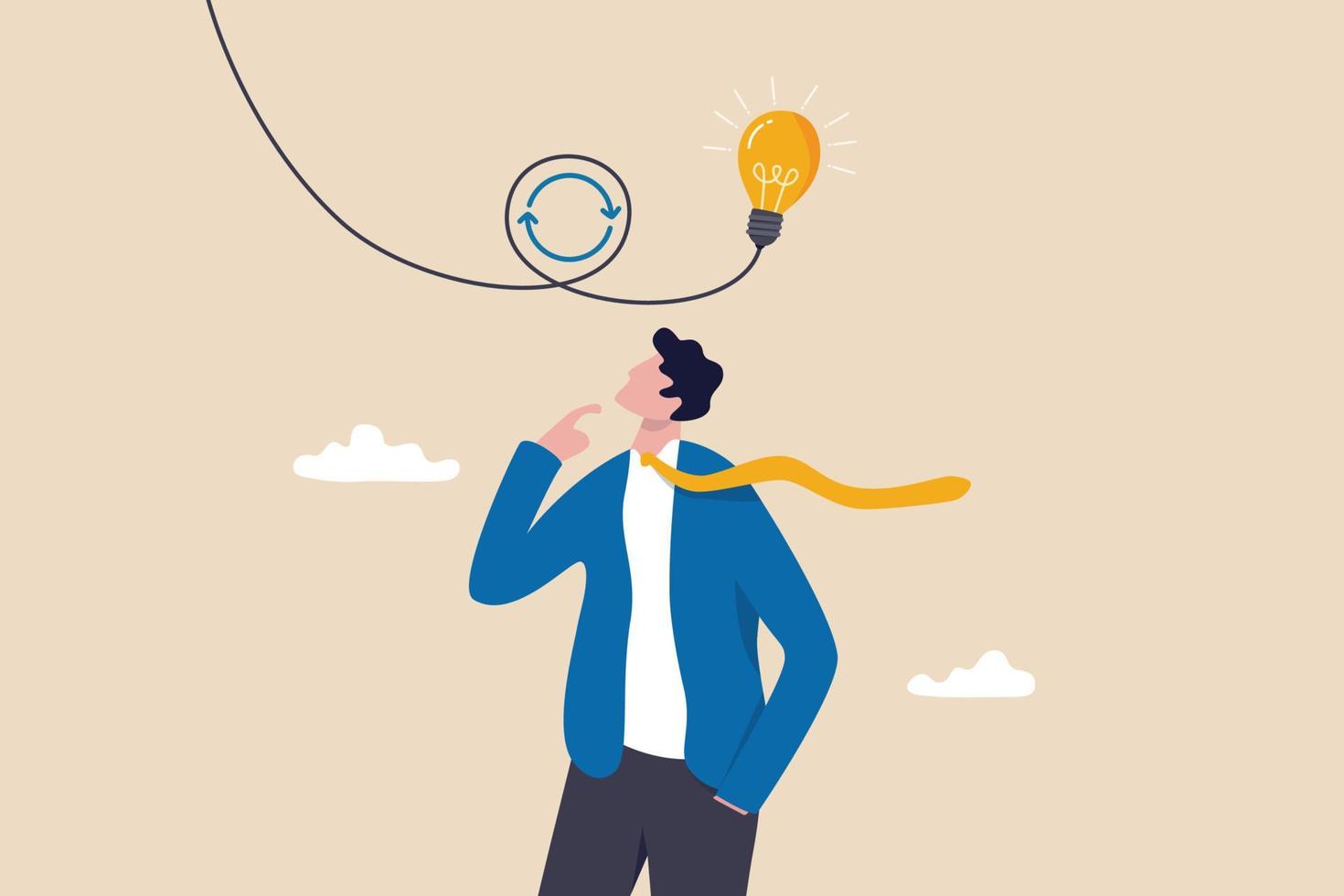 Rethink or think again to make change for better result, thinking new way to solve problem or make decisions, innovation idea to disruption concept, smart businessman rethink with lightbulb idea. vector