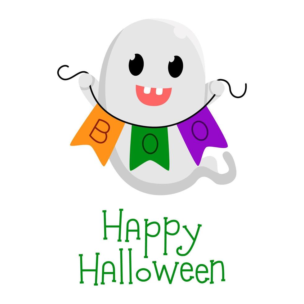 Flying cute ghost holding bunting flag Boo. Happy Halloween. Childish spooky boo character. Great for card, poster, kids room, logo, print, mascot. Isolated flat cartoon vector illustrations