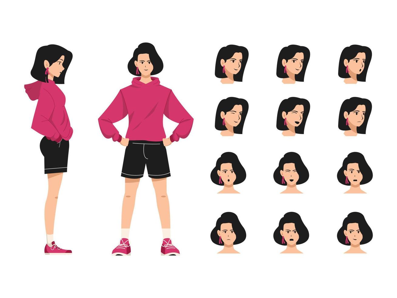 conjunto de ilustración de vector de personaje de mujer en varias acciones con emociones