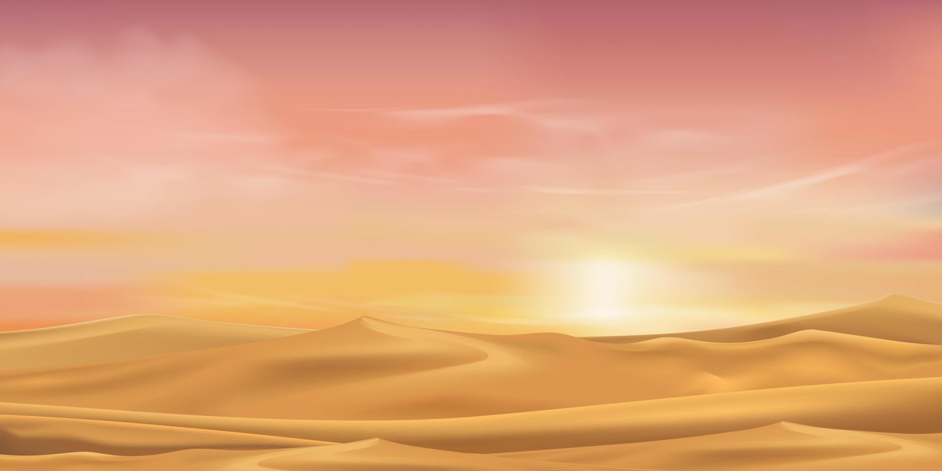 dunas de arena del paisaje desértico con amanecer matutino en naranja, amarillo, cielo rosa, dibujos animados vectoriales desierto seco y caliente con puesta de sol crepuscular por la noche, fondo natural con colinas arenosas escena de paralaje en otoño vector