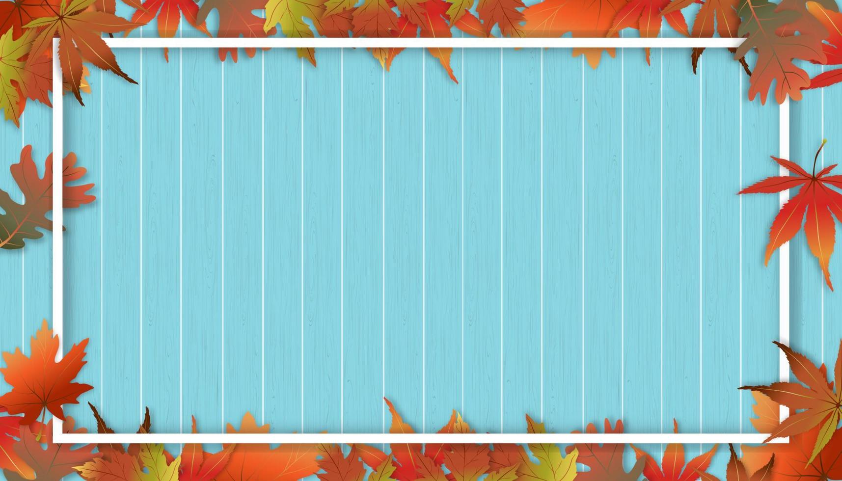 Autumn background with maples leaves on blue wood panel texture,Vector illustration Fall season horizon banner backdrop for Thanksgiving card, Sale or Promotion vector