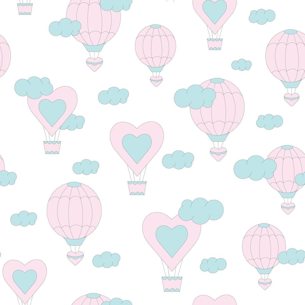 Vector flat cute seamless pattern of air balloons in pastel colors with clouds on a white background.