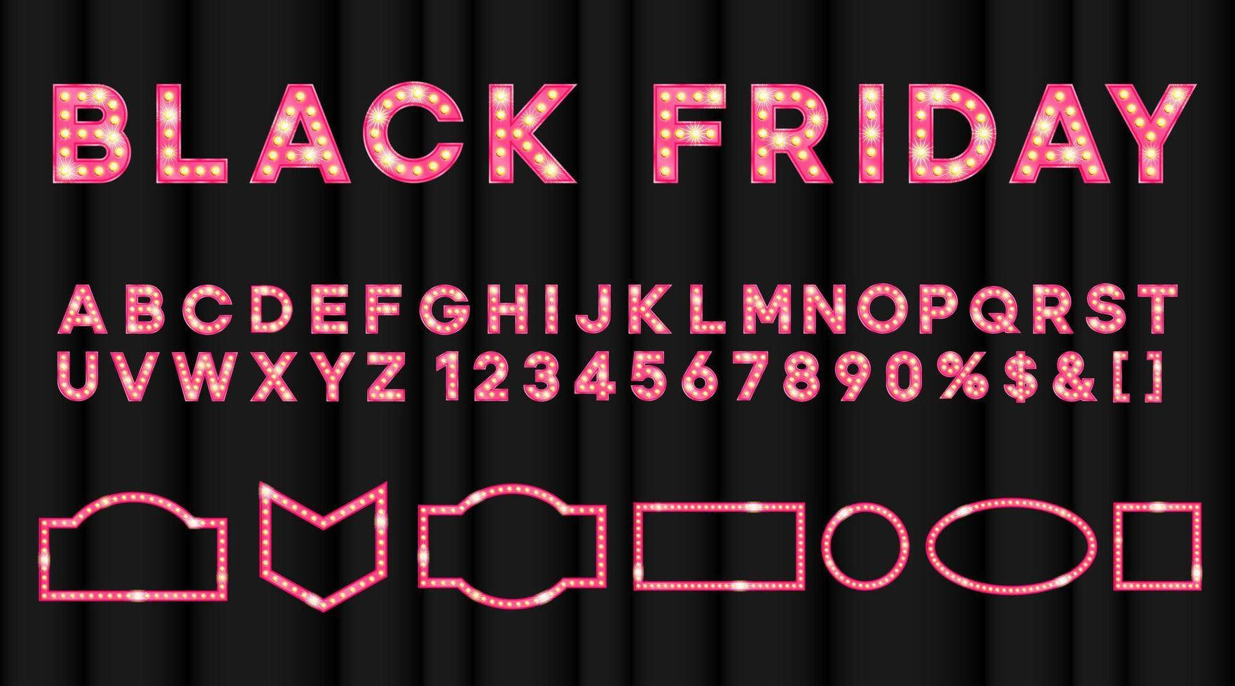 Pink Black Friday bulbs light effect. Movies night shiny letters. Vintage text with led lit vector