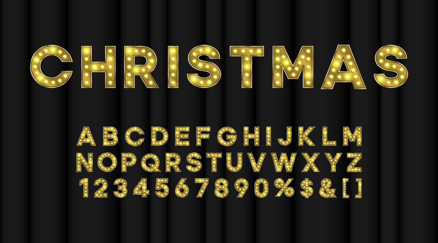 Marquee Christmas alphabet for night showtime. Bulb text effect gold font vector