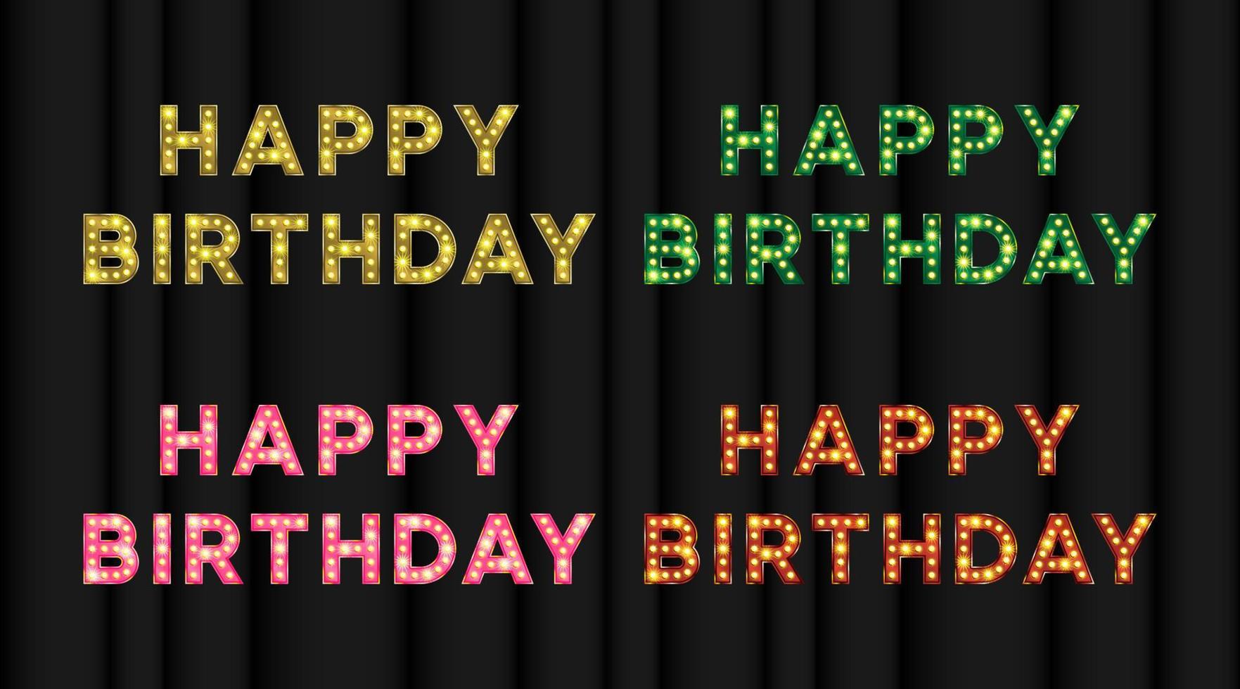 plantilla de tarjeta de felicitación de feliz cumpleaños vintage con efecto de texto de bombilla. letras de marquesina en oro, rojo, verde y rosa en 3d para felicitaciones digitales brillantes vector