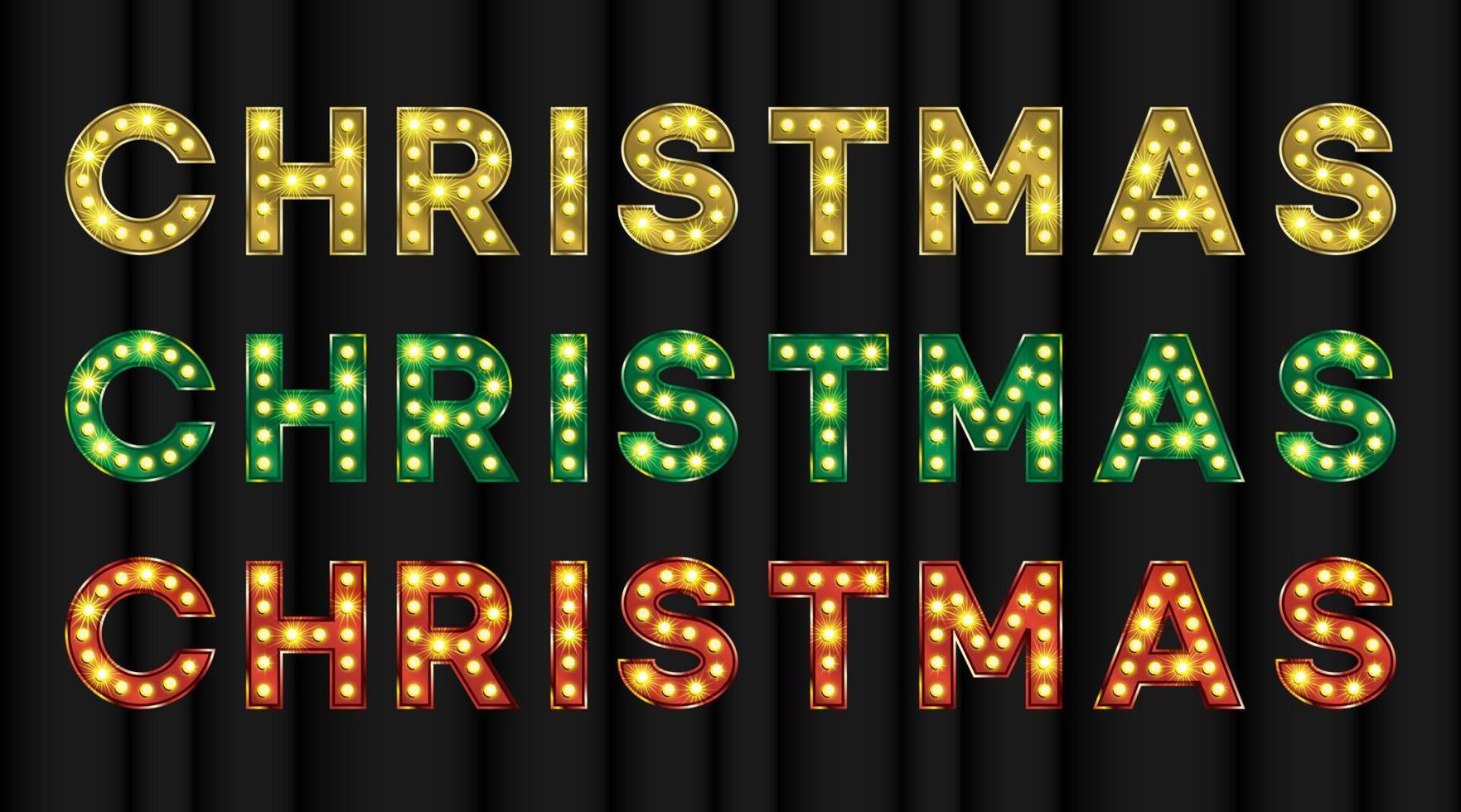 Christmas title in gold, red and green with bulb light effect. Vintage 3d text for Vegas show or circus banner vector