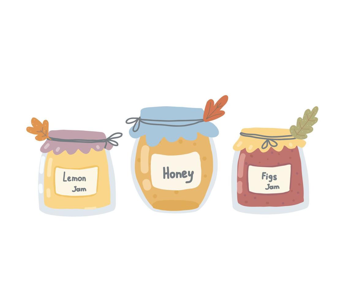 Illustration of a jar of jam, honey. Jams from fruits and berries.  Illustration for postcard, magazine, web, prints. vector
