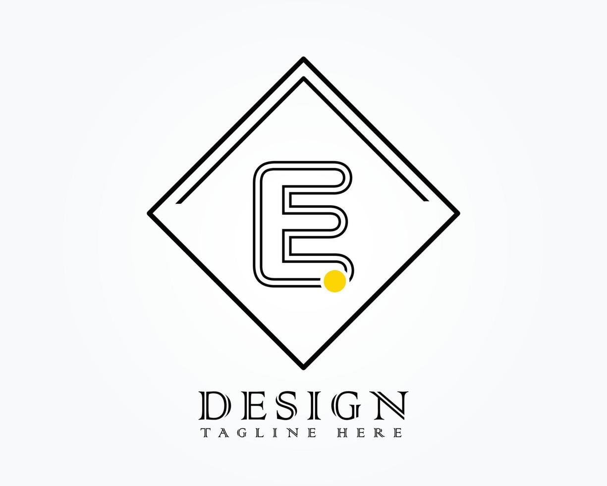 Logo design template with letter E of the alphabet in a box with yellow rounded marks vector