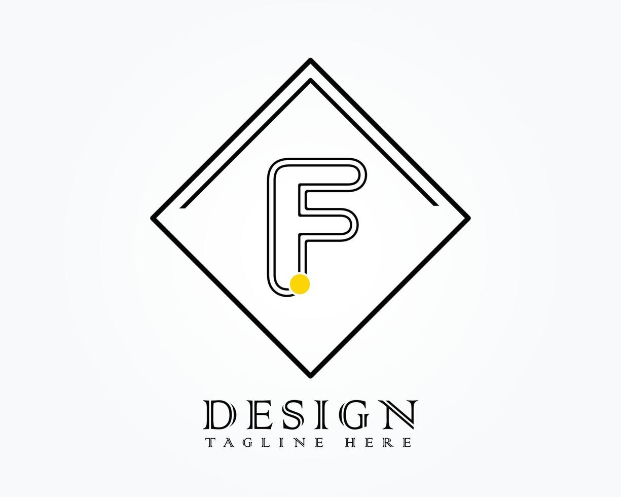 Logo design template with letter F of the alphabet in a box with yellow rounded marks vector