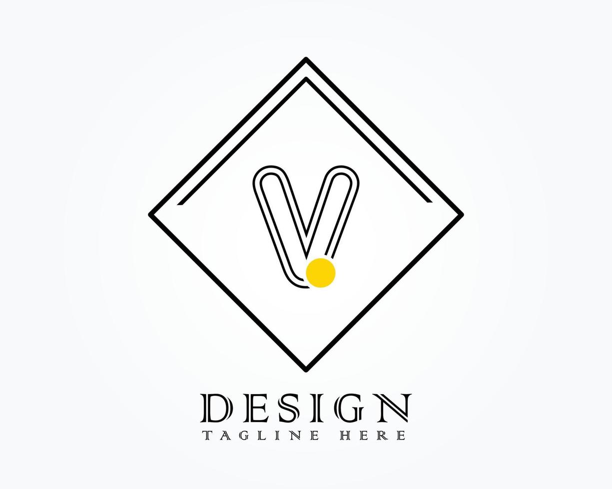 Logo design template with letter V of the alphabet in a box with yellow rounded marks vector