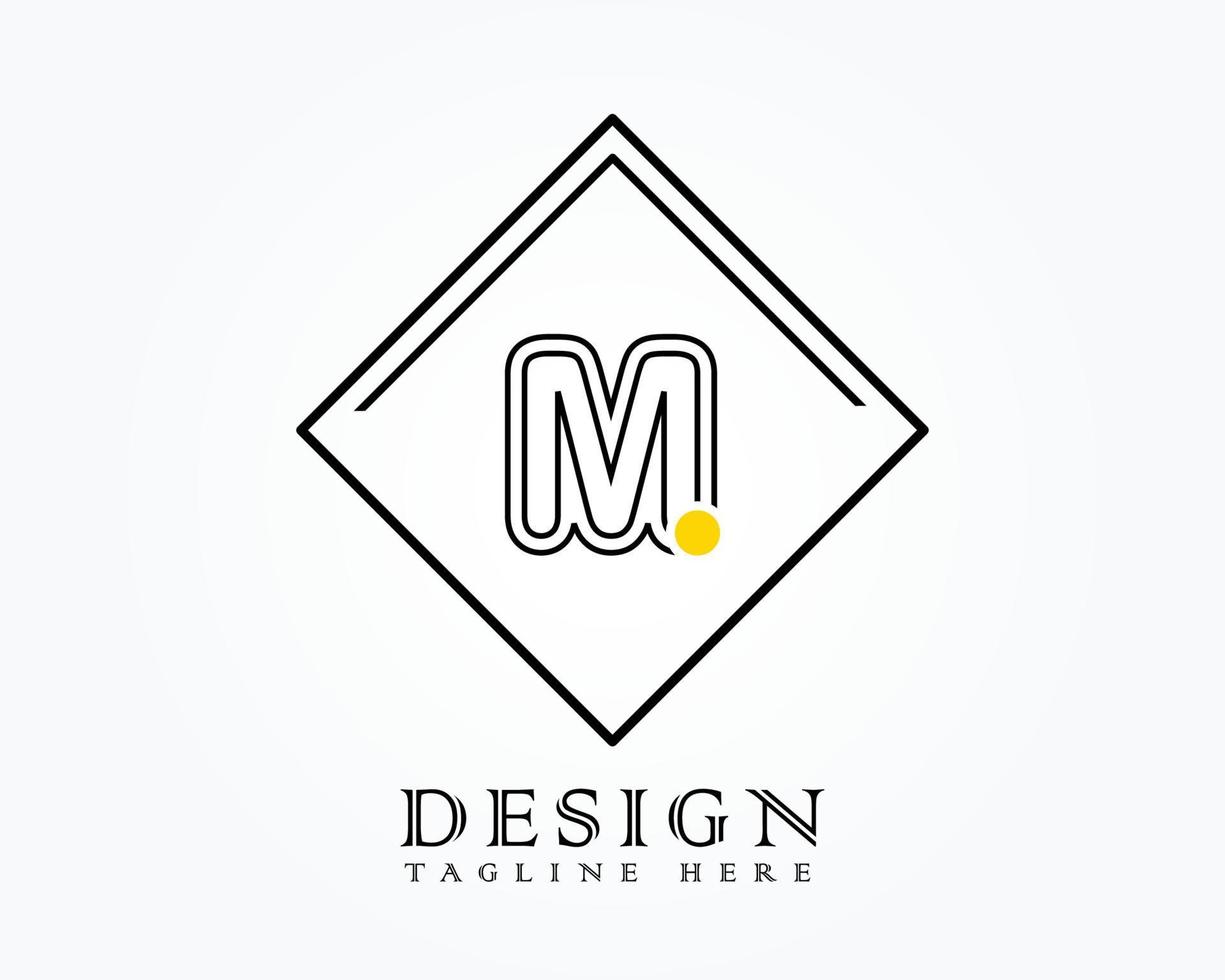 Logo design template with letter M of the alphabet in a box with yellow rounded marks vector