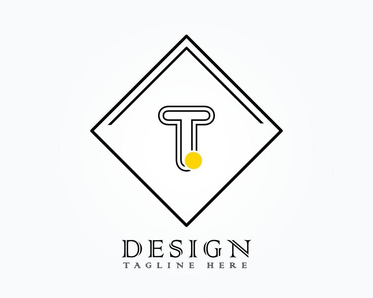 Logo design template with letter T of the alphabet in a box with yellow rounded marks vector