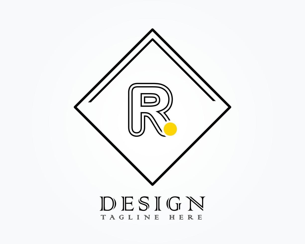 Logo design template with letter R of the alphabet in a box with yellow rounded marks vector