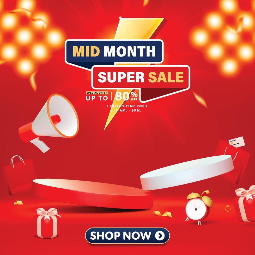 3D podium Mid month super sale banner template design for web app or social media. vector