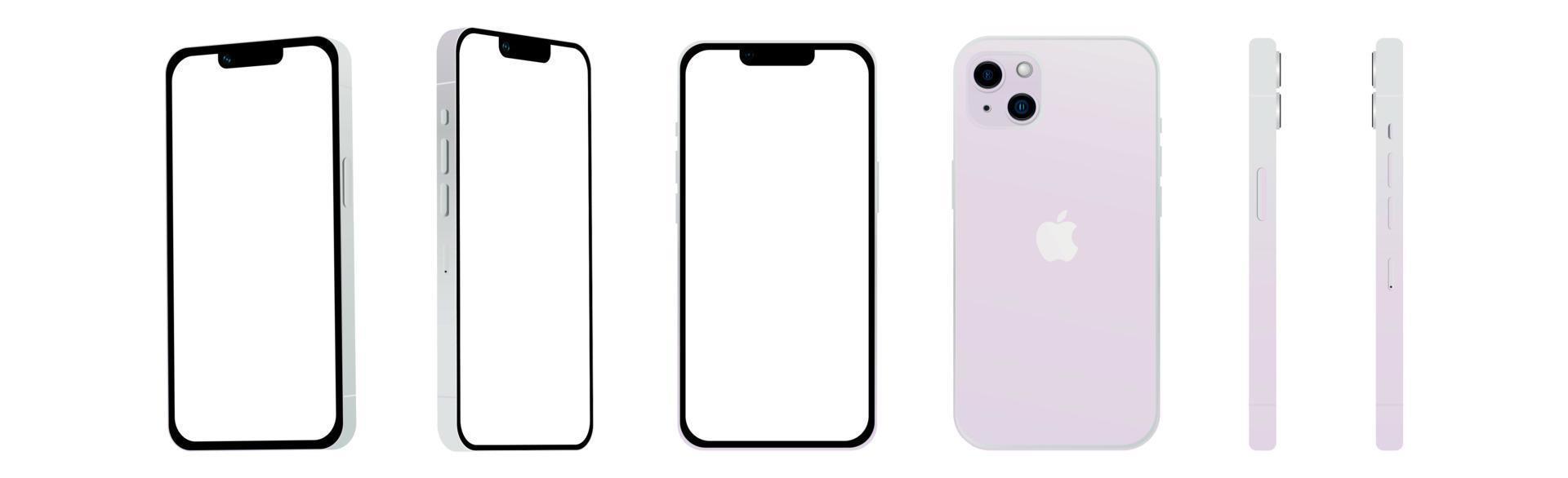 Set of 6 pcs different angles, Purple smartphone Apple iPhone 14 model, novelty of the IT industry, mockup for web design on a white background - Vector