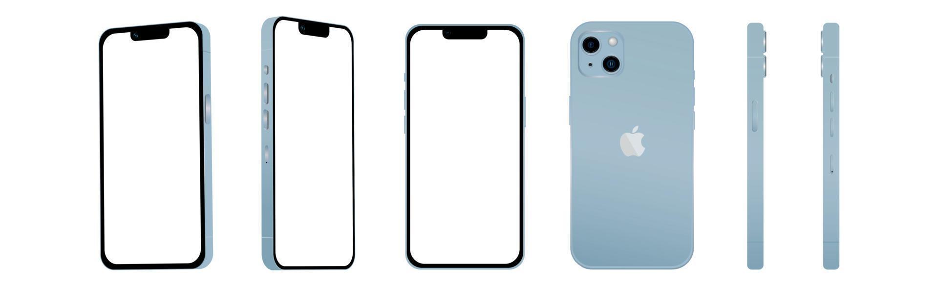 conjunto de 6 piezas de ángulos diferentes, teléfono inteligente púrpura modelo apple iphone 14, novedad de la industria de ti, maqueta para diseño web sobre un fondo blanco - vector