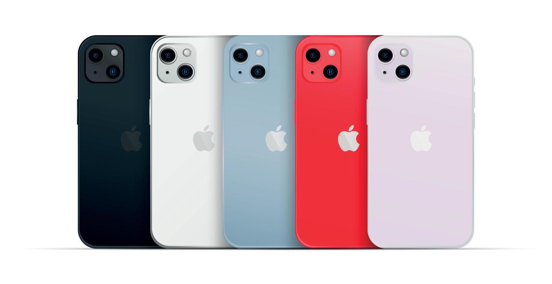 Novelty Apple iPhone 14, modern smartphone gadget, set of 5 pcs new original colors - Vector