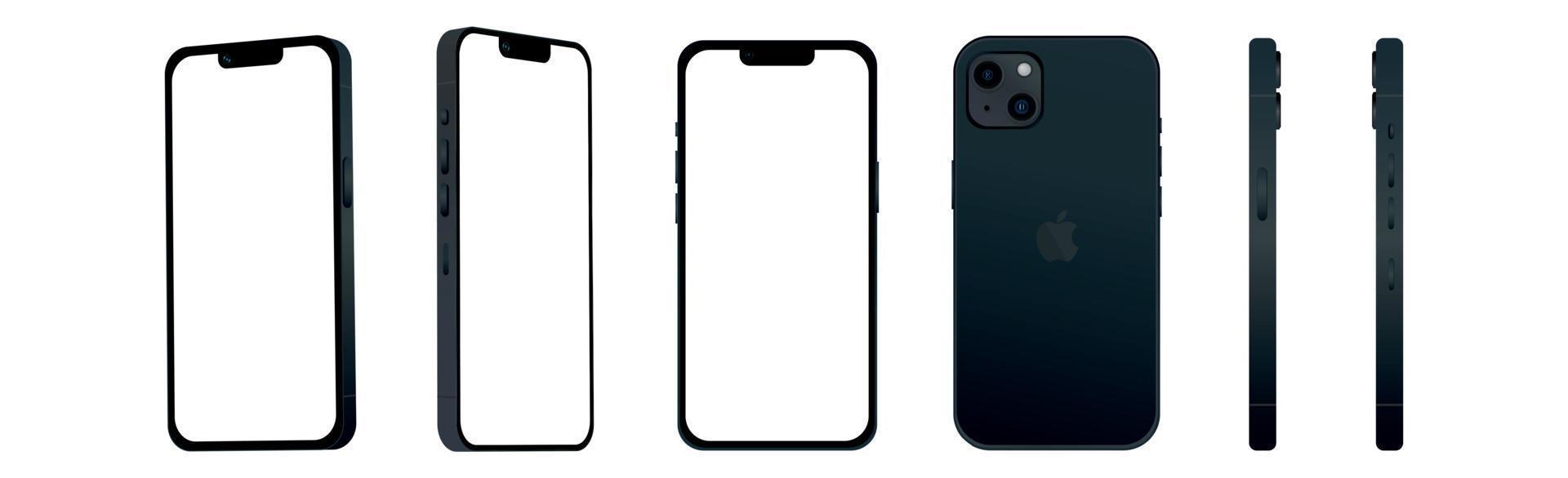 conjunto de 6 piezas desde diferentes ángulos, modelos de iphone 14 de Apple smartphone negro, nueva industria de ti, maqueta para diseño web sobre un fondo blanco - vector