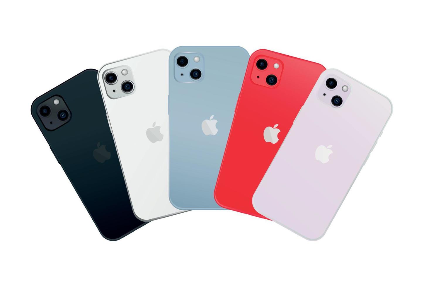 Novelty Apple iPhone 14, modern smartphone gadget, set of 5 pcs new original colors - Vector