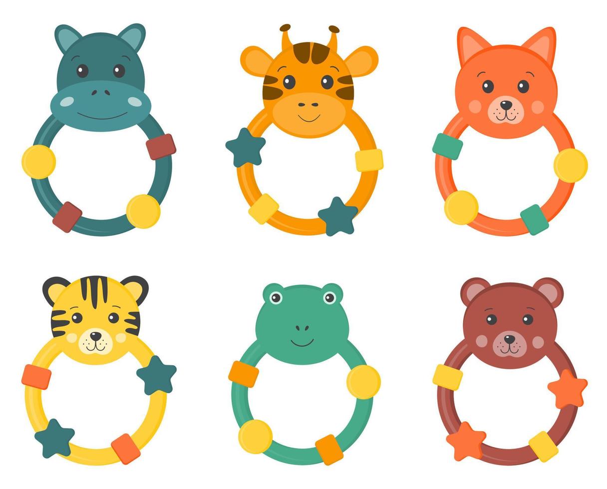 Collection of colorful baby rattles with cute funny animals. Things for baby care, teething toys for newborn kids. Toddler chewing teether. vector