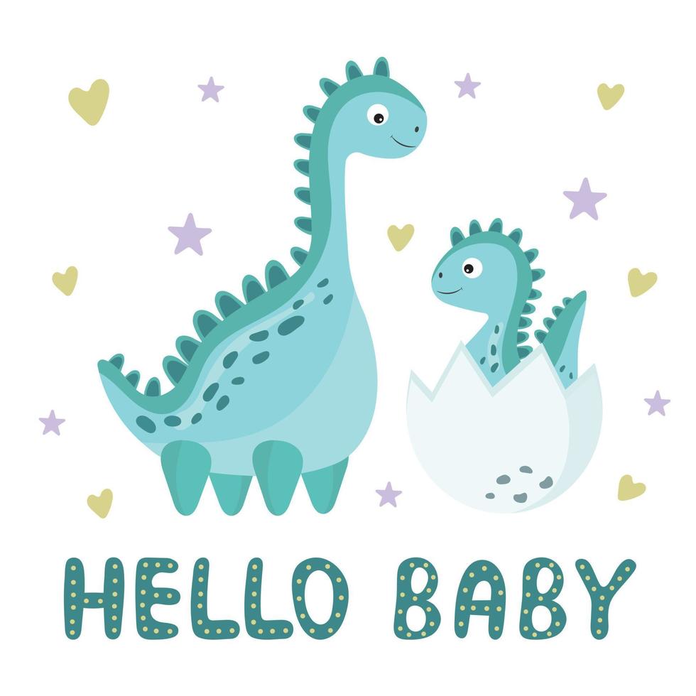 concepto de bebé recién nacido con un lindo dinosaurio pequeño en huevo y su madre. Dino recién nacido divertido. hola tarjeta de bebé para decorar una guardería, textiles, tarjetas de hitos, invitación de baby shower. vector