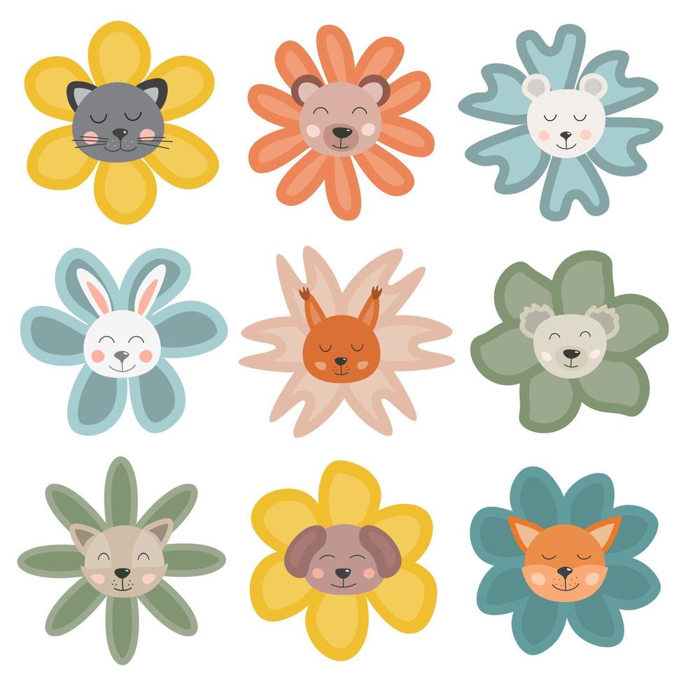 Doodle nursery animals collection. Cute animals in shape of flowers. Hand drawn Scandinavian style for Baby shower, children's party, baby room, children's invitations, posters. Cute pastel collection vector