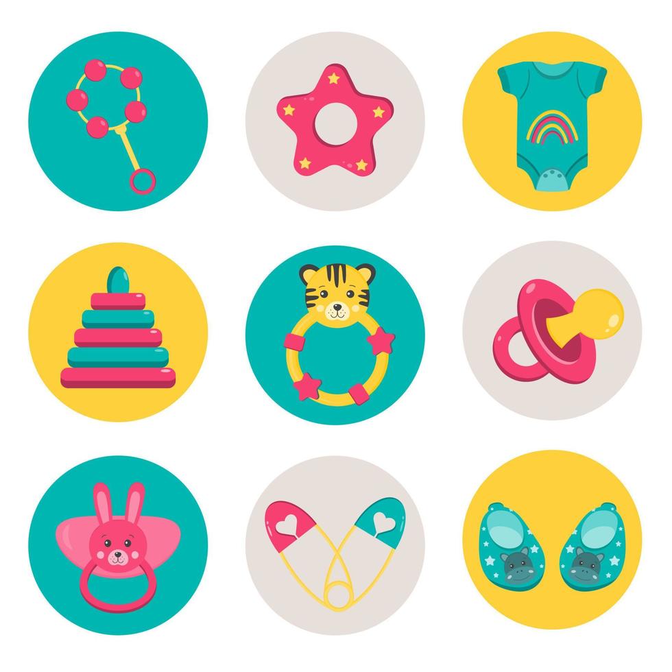 Set of circle icons for website, stories highlights with accessories for newborn baby care, motherhood. Suitable for children goods store, highlights stories cover for mother blogger. Round sticker. vector