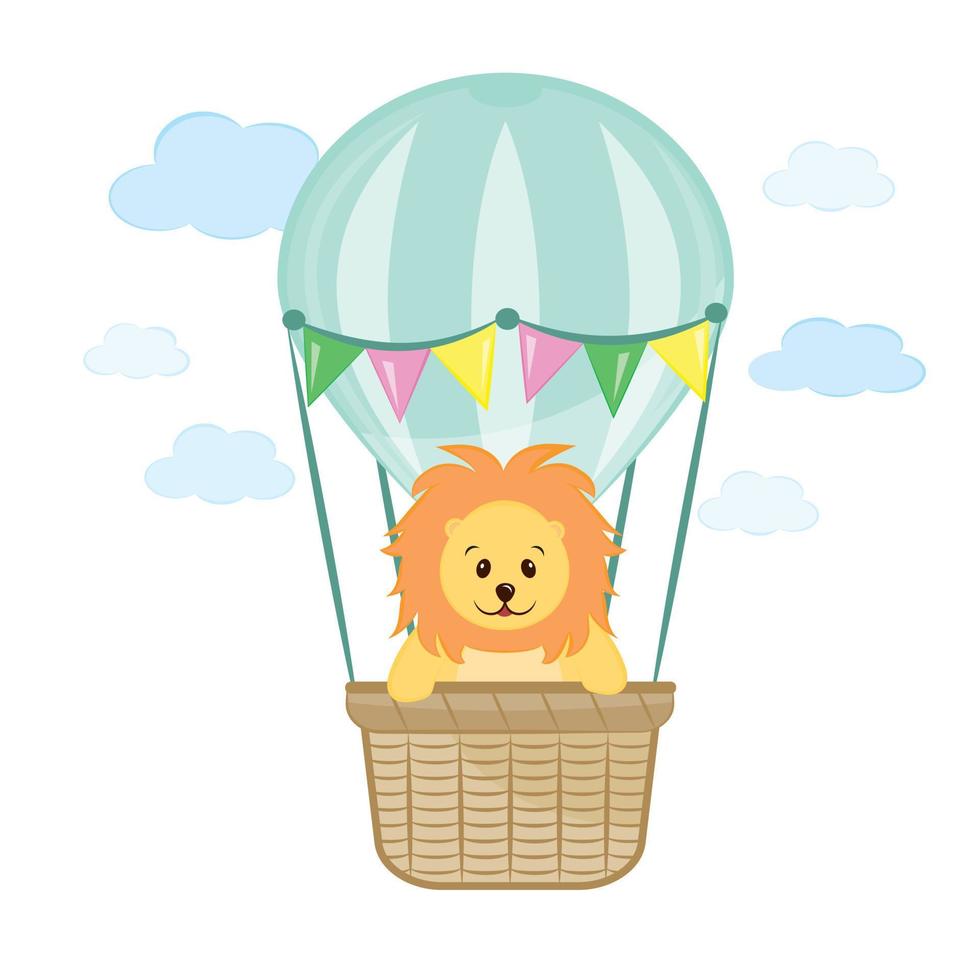 A little lion cub is flying in a hot air balloon. Picture for a nursery, postcard, poster. Can be used for children's party invitation, print on clothes. vector