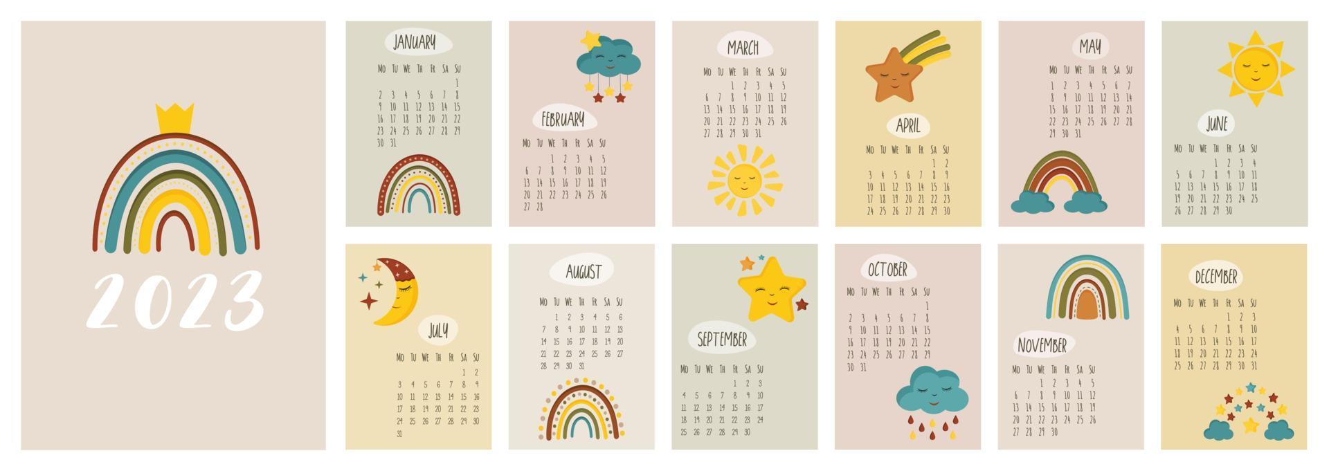 Calendar 2023 template. Monthly calendar 2023 with cute rainbows, stars, moon. Trendy colors, cartoon style. Starts on Monday. A modern calendar for kids. Childrens cute nursery style. Design Template vector