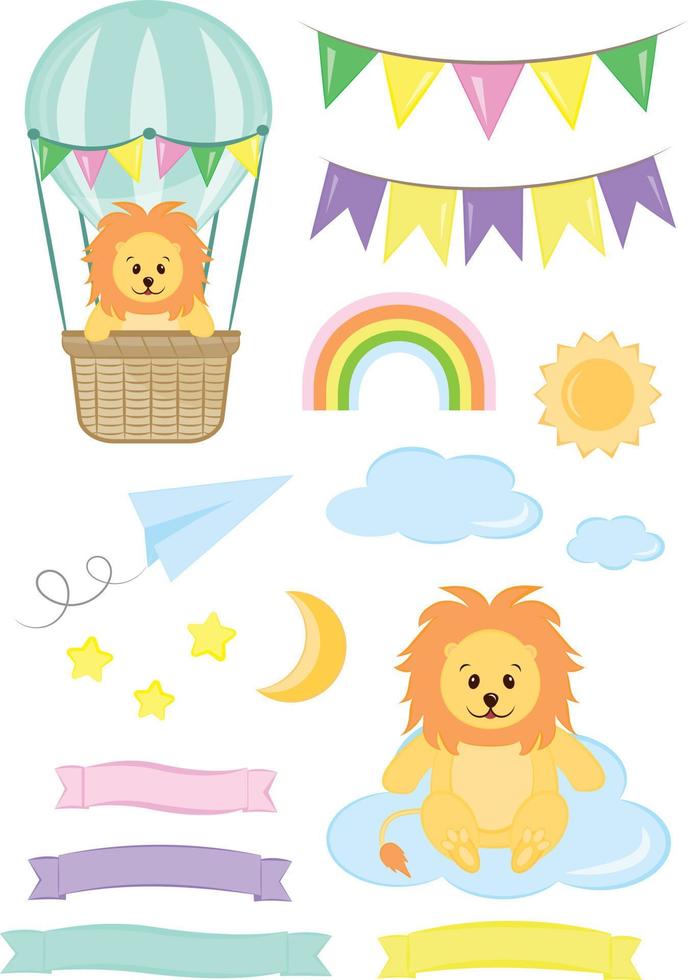 un pequeño cachorro de león está volando en un globo aerostático. foto para una guardería, postal, afiche. se puede utilizar para la invitación a la fiesta infantil, imprimir en la ropa. vector