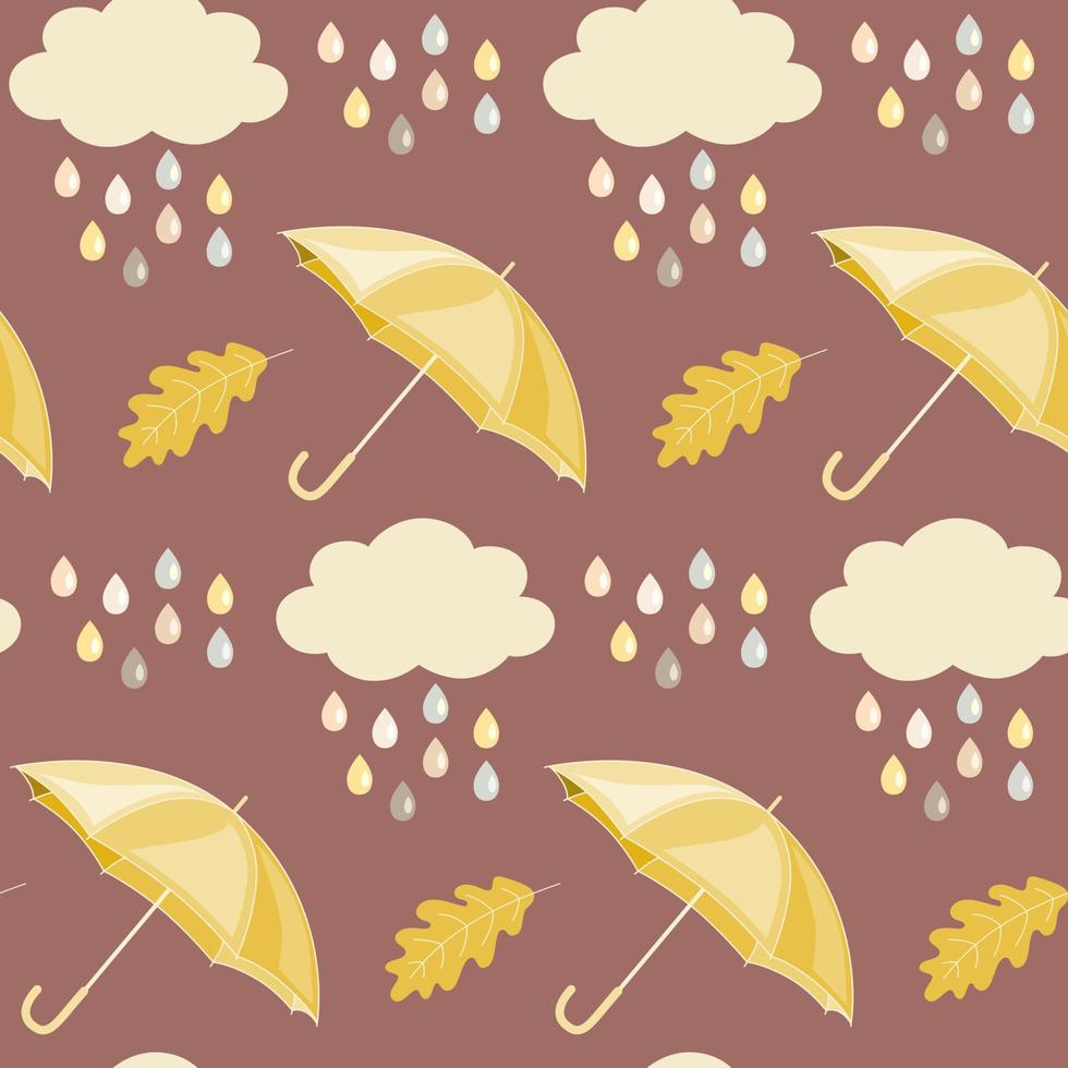 Seamless pattern with hand drawn umbrellas, clouds and raindrops. Background in warm Autumn colours. Thanksgiving, Halloween or harvest decoration, scrapbooking, wall paper, wrapping paper. vector
