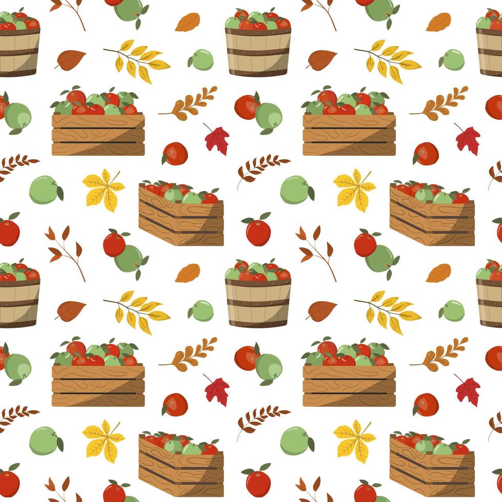 Autumn red and green apples in crates and baskets seamless pattern. Isolated on white background. vector