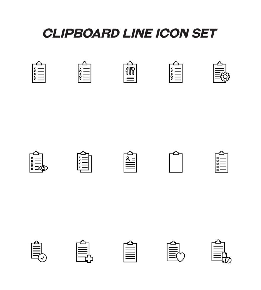 Writing board line icon set. Collection of editable strokes for web sites, applications, advertisements. Line icons of clipboards with pills, crosses, restaurant menu, resume, prescription, contract vector