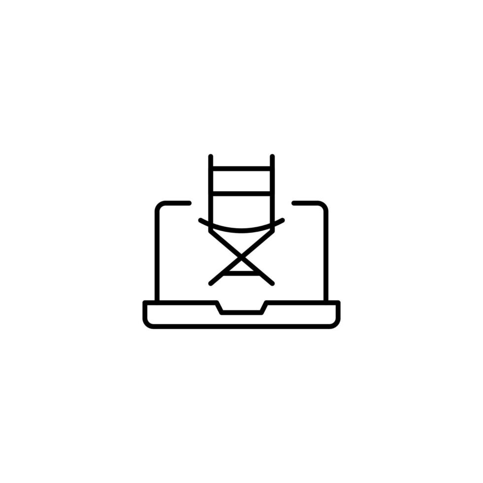Simple black and white illustration drawn with thin line. Perfect for advertisement, internet shops, stores. Editable stroke. Vector line icon of director chair laptop monitor