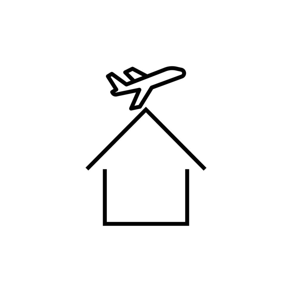 Building as establishment or facility. Outline monochrome sign in flat style. Suitable for stores, advertisements, articles, books etc. Line icon of airplane flying over house vector