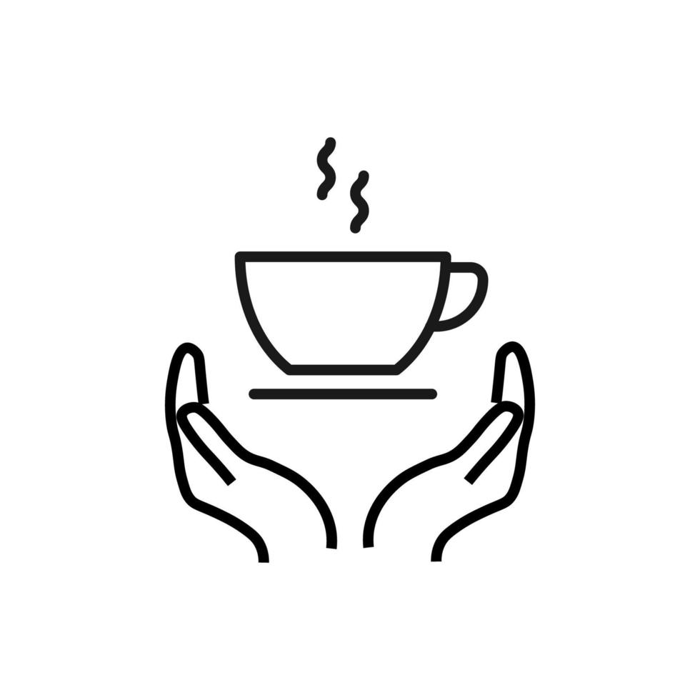 Support, present and charity concept. Modern vector sign drawn with black thin line. Editable stroke. Vector line icon of coffee cup over outstretched hands
