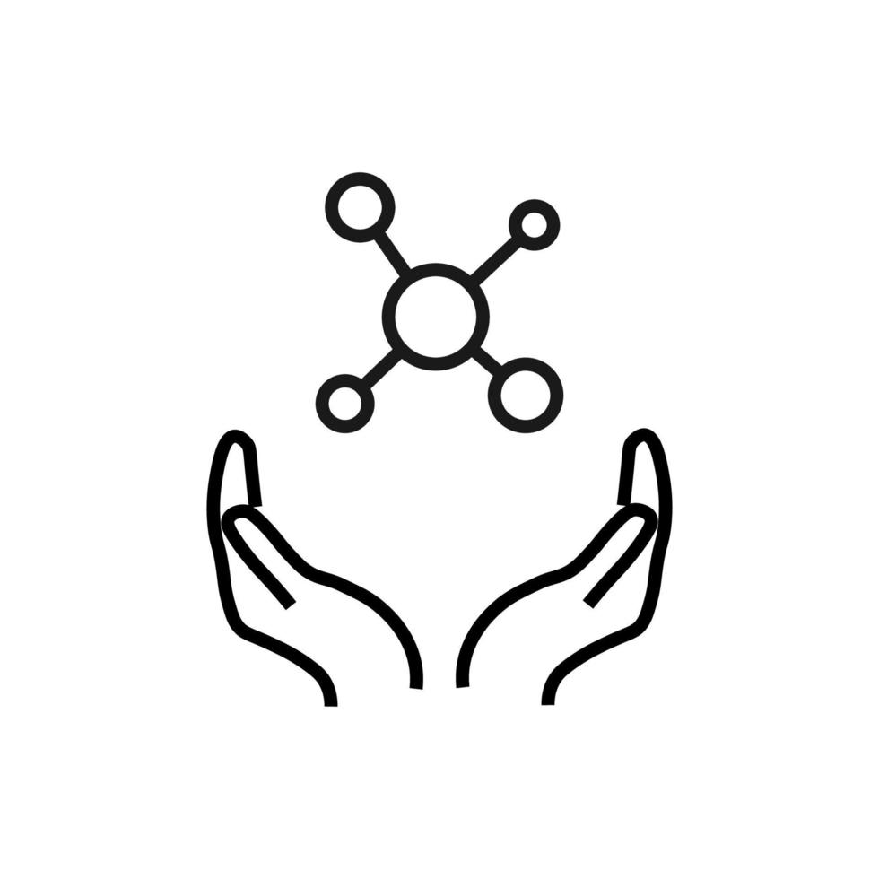Support, present and charity concept. Modern vector sign drawn with black thin line. Editable stroke. Vector line icon of chemical compound over outstretched hands