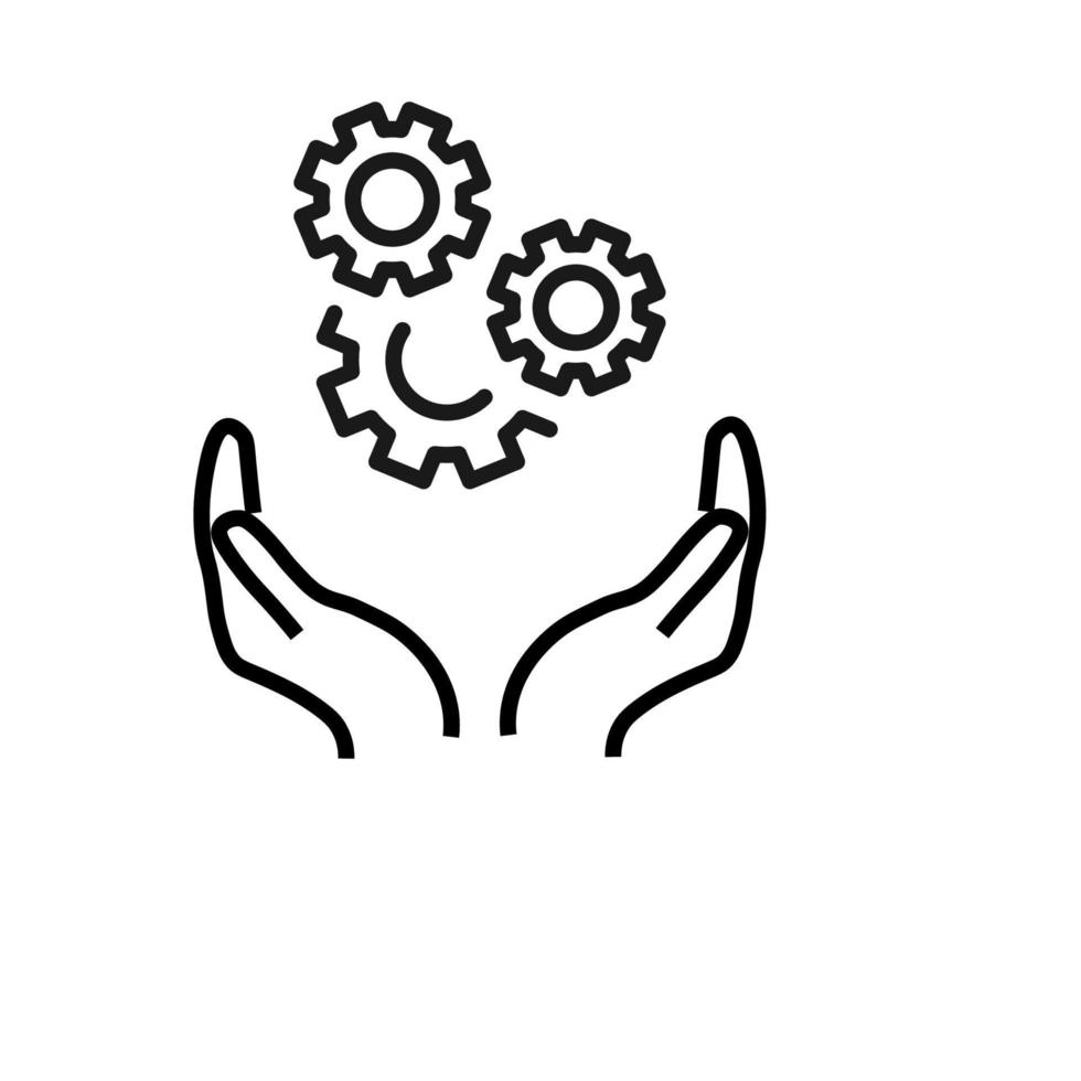 Support, present and charity concept. Modern vector sign drawn with black thin line. Editable stroke. Vector line icon of gear or cogwheels over outstretched hands