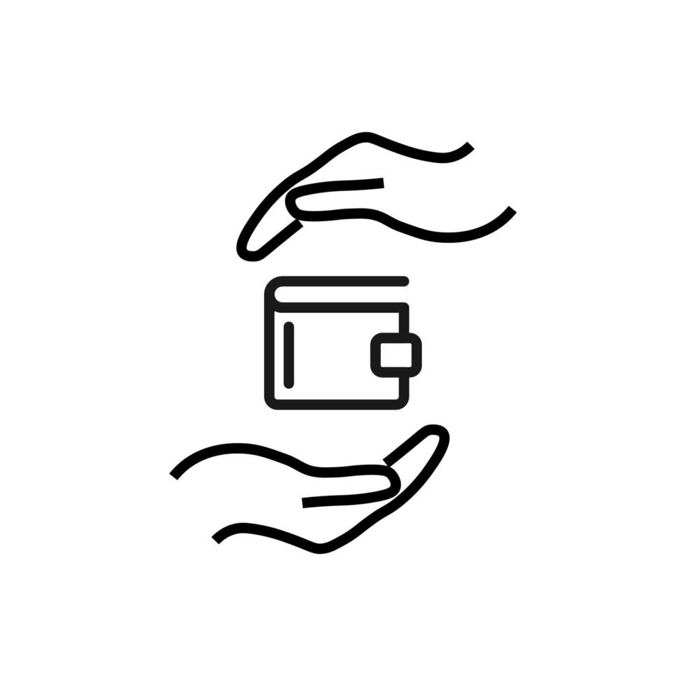 Support and gift signs. Minimalistic isolated vector image for web sites, shops, stores, adverts. Editable stroke. Vector line icon of wallet between outstretched hands