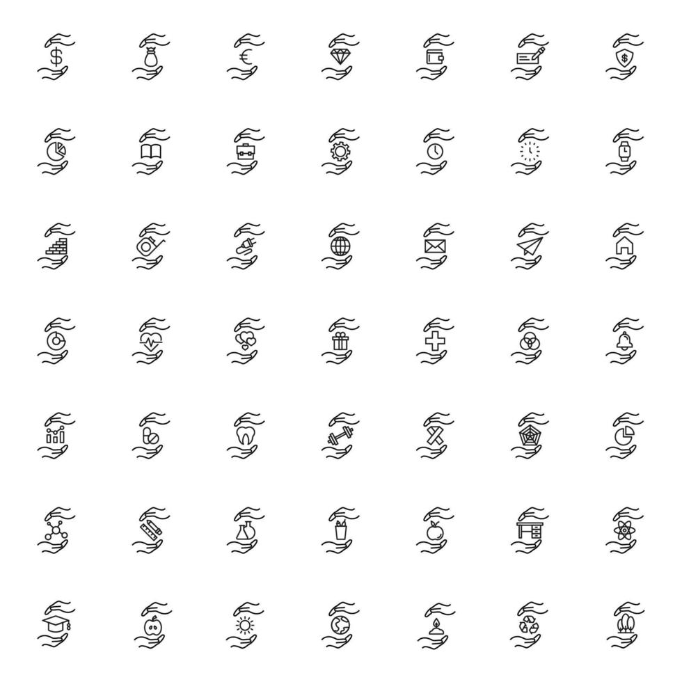 Support and gift signs. Minimalistic isolated vector image for web sites, apps, stores. Vector line icon set with various symbols between outstretched hands