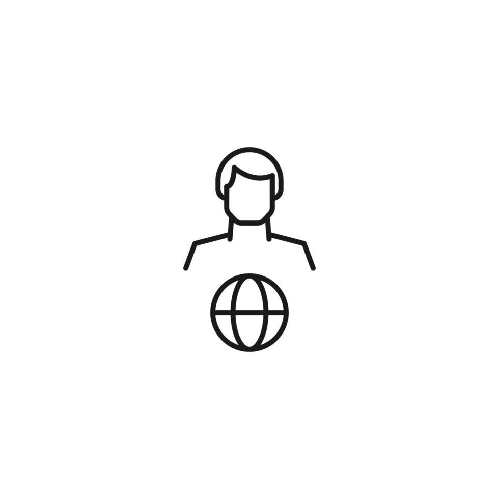 Monochrome sign drawn with black thin line. Modern vector symbol perfect for sites, apps, books, banners etc. Line icon of earth or globe next to faceless man