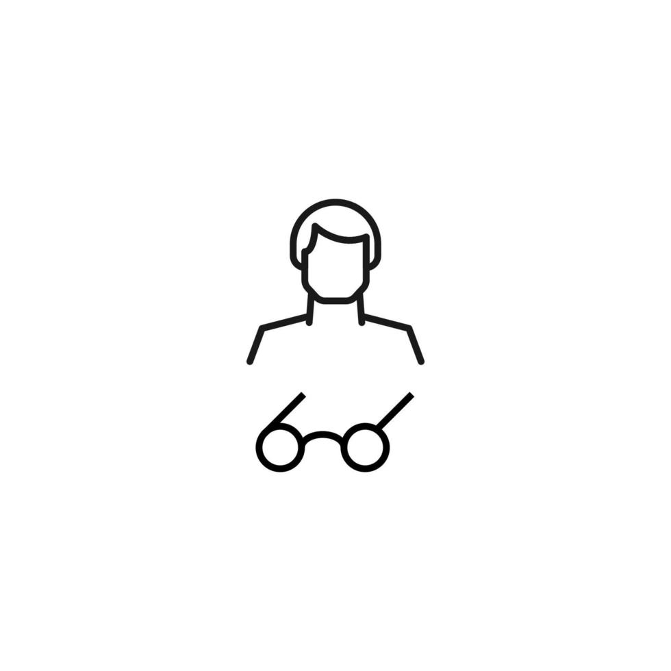 Monochrome sign drawn with black thin line. Modern vector symbol perfect for sites, apps, books, banners etc. Line icon of glasses next to faceless man