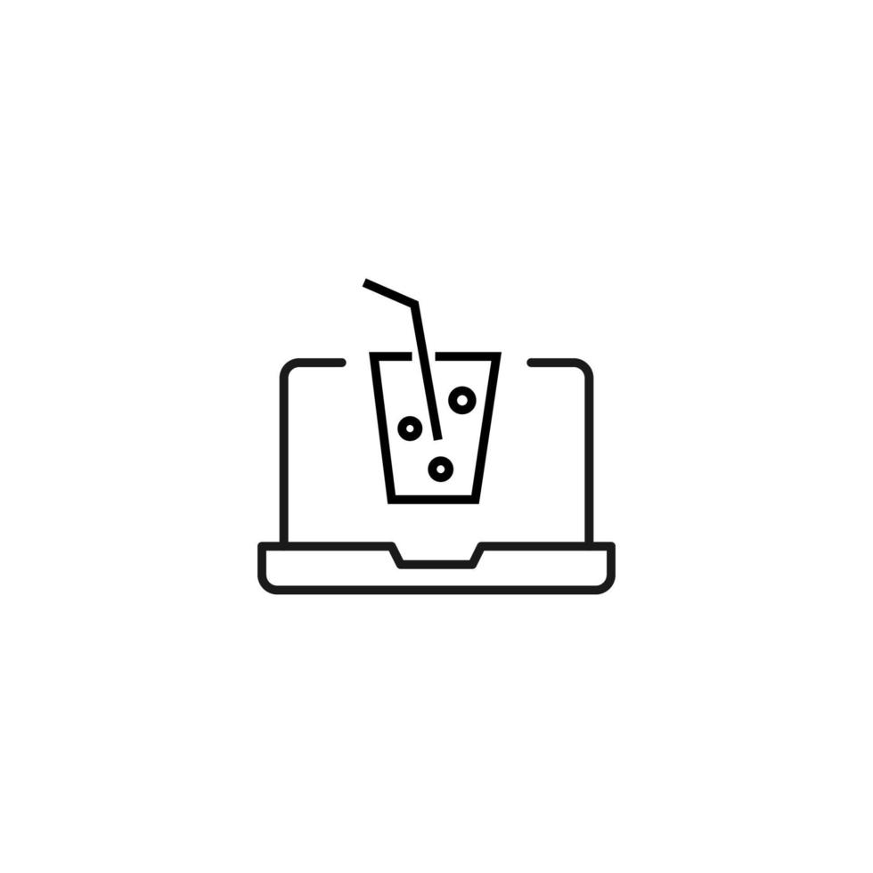 Simple black and white illustration drawn with thin line. Perfect for advertisement, internet shops, stores. Editable stroke. Vector line icon of soda on laptop monitor